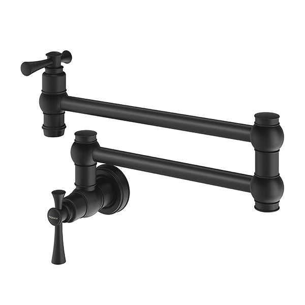 Phoenix Cromford wall mounted pot filler in matte black, shown extended with dual shut-off valves and swivel arm