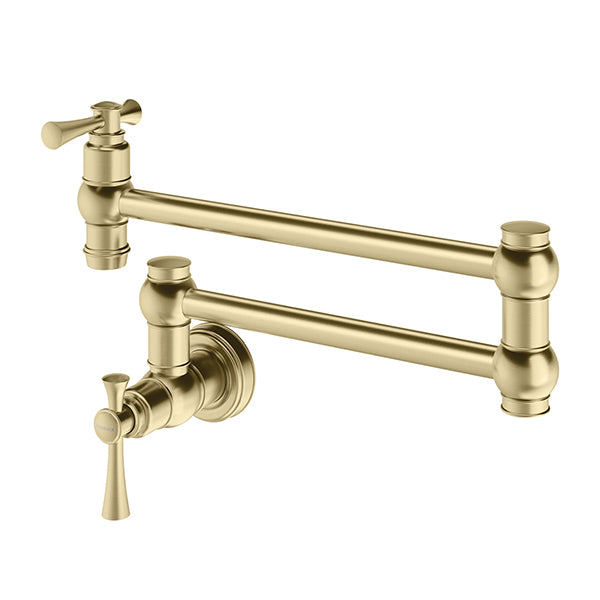 Phoenix Cromford wall mounted pot filler tap in brushed gold, shown extended with dual shut-off valves on white background