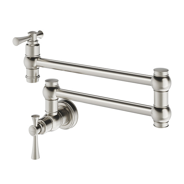 Phoenix Cromford wall mounted pot filler tap in brushed nickel, folded against wall on white background