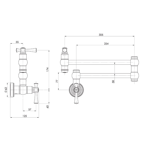 Technical drawing of Phoenix Cromford wall mounted pot filler tap in brushed nickel, with dimensions and folded/extended views.