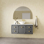 Marquis Port wall hung vanity, grey woodgrain finish with white solid surface top, round basin and brushed brass handles, front view