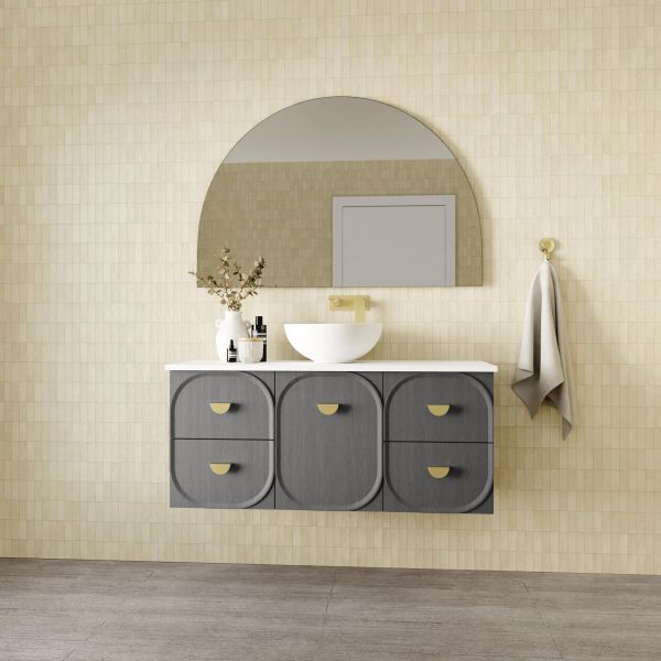 Marquis Port wall hung vanity, grey woodgrain finish with white solid surface top, round basin and brushed brass handles, front view