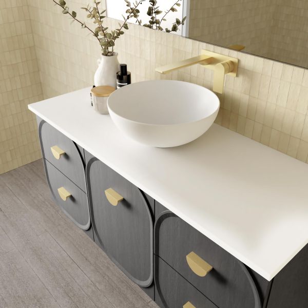 Marquis Port wall hung vanity with white Symphony top, centre basin and dark timber-look drawers with brass handles