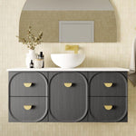 Marquis Port wall hung vanity with white solid surface top, grey woodgrain finish, offset basin and brass handles