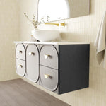 Marquis Port wall hung vanity with white top and above-counter basin, timber grain drawers, in a bathroom setting