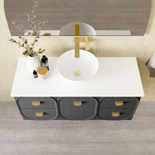 Marquis Port wall hung vanity with white solid surface top, round basin and dark timbergrain drawers, top view