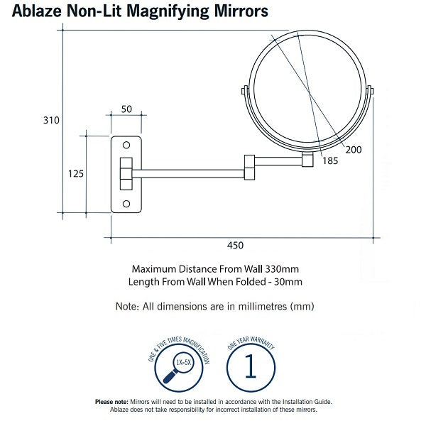 Thermogroup Ablaze magnifying shaving mirror technical drawing, chrome wall arm, round 200mm head, 1x and 5x mag