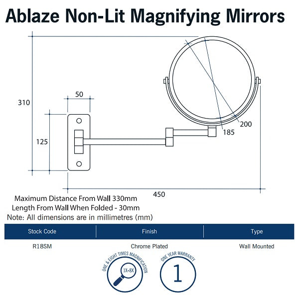 Thermogroup Ablaze wall-mounted magnifying shaving mirror, chrome, with 330mm arm and 200mm round face technical drawing