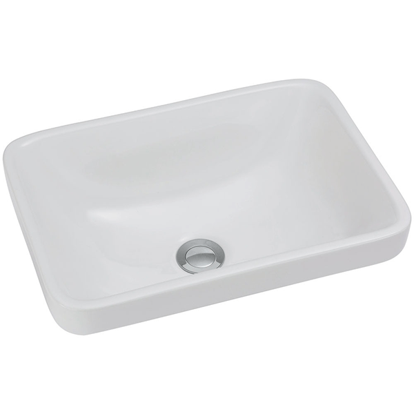 Fienza Sarah semi-inset basin, rectangular gloss white ceramic bathroom basin with waste opening
