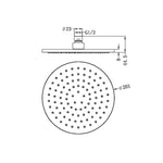 Nero 200mm round shower head in chrome, shown in technical drawing with dimensions and top view