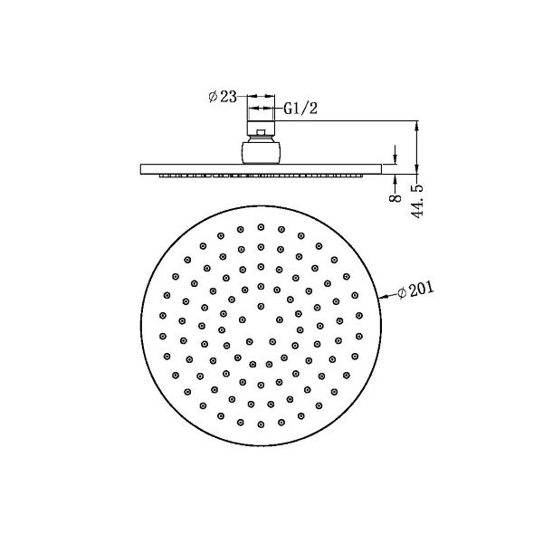 Nero 200mm round shower head in chrome, shown in technical drawing with dimensions and top view