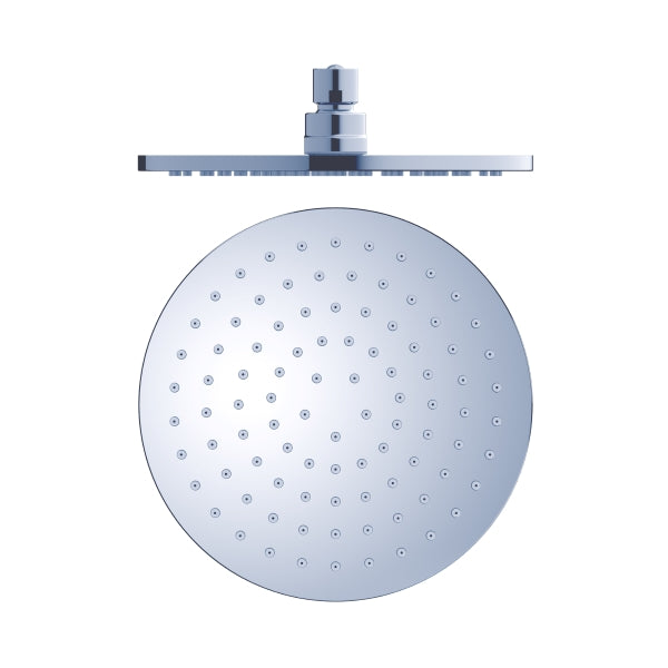 Nero 200mm round chrome shower head, front view with wall-mounted fitting and single spray nozzles