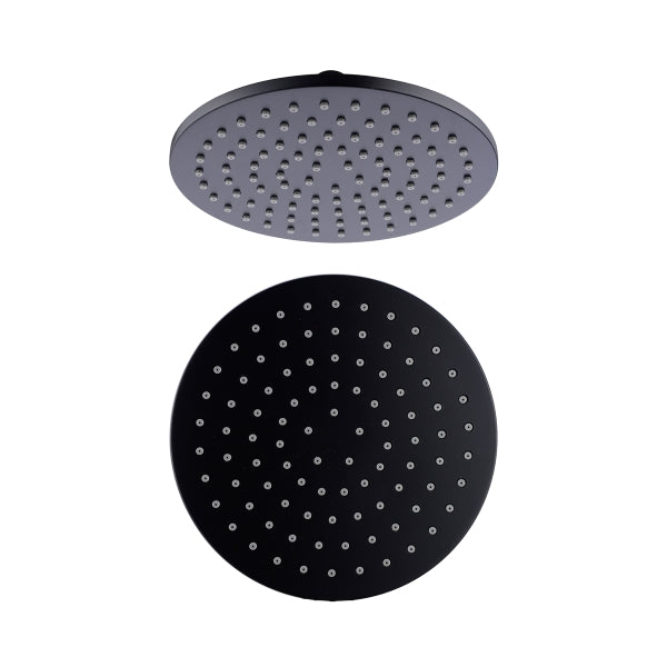 Nero 200mm round shower head in matte black, shown front-on with underside spray nozzles and side profile above