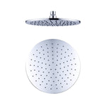 Nero round chrome shower head, 250mm, with wall-mounted gooseneck arm shown front and side view on white background