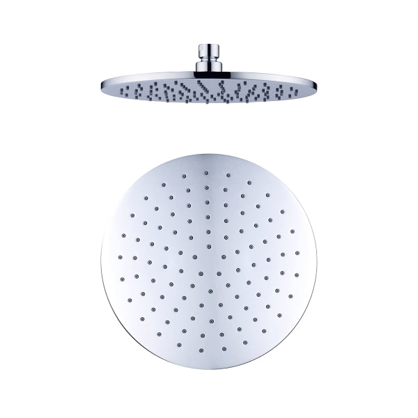 Nero round chrome shower head, 250mm, with wall-mounted gooseneck arm shown front and side view on white background