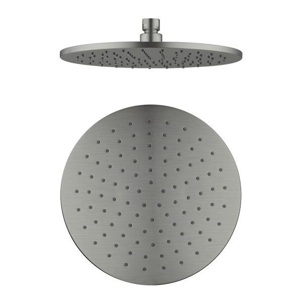Nero 250mm round shower head in gunmetal, shown front and side view on white background