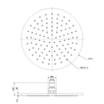 Technical drawing of Nero 250mm round shower head, brushed gold finish, showing front and side dimensions and G1/2 connection
