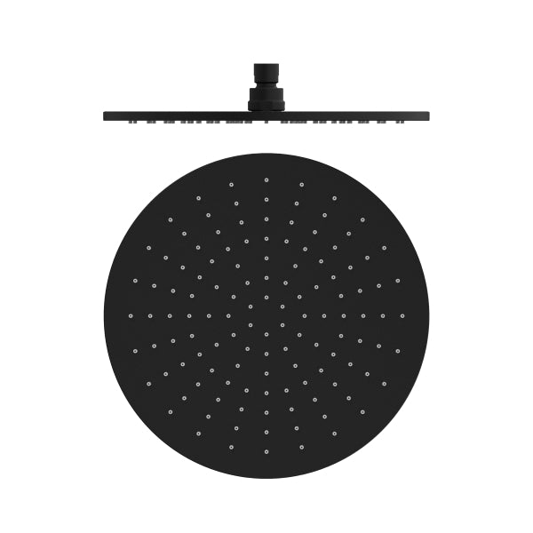 Nero round matte black shower head, 300mm, wall-mounted overhead view on white background