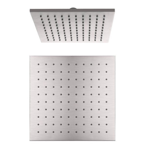 Nero Square shower head 250mm in brushed nickel, shown front and side on a white background