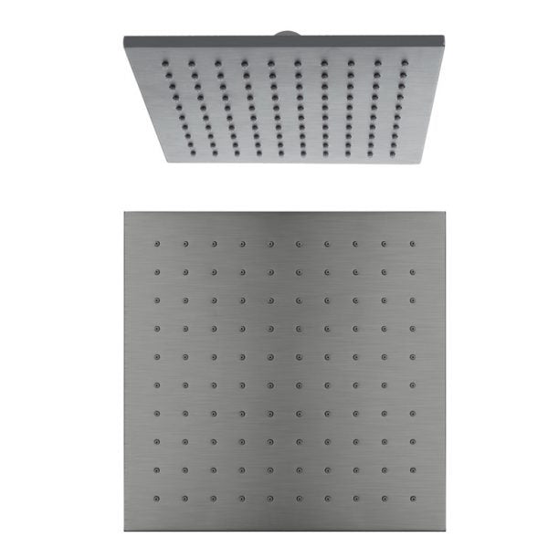 Nero Square 250mm shower head in gun metal grey, shown front and side on white background