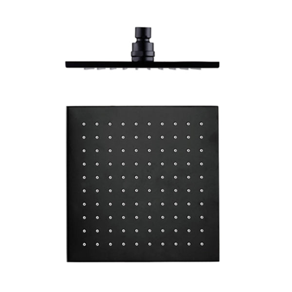 Nero square shower head in matte black, front view with slim wall-mounted profile and single-function spray face