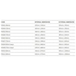 Radiant Thermaniche shower niche dimensions chart, showing code and internal and external sizes in a table