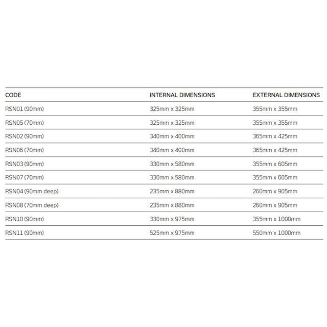 Radiant Thermaniche shower niche dimensions chart, showing code and internal and external sizes in a table