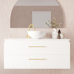 Marquis Riviera wall hung vanity in matte white with brushed brass handles, shown front-on with basin and benchtop