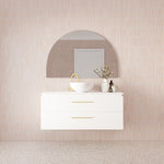 Marquis Riviera wall hung vanity in white matte with gold handles, centre basin and two drawers, shown in bathroom setting
