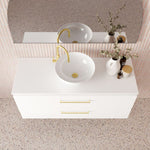 Marquis Riviera wall hung vanity in matte white, centre bowl basin and brushed gold handles, top view
