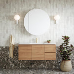 Caroma Luna basin mixer in brushed nickel, shown mounted on a bathroom vanity with round mirror