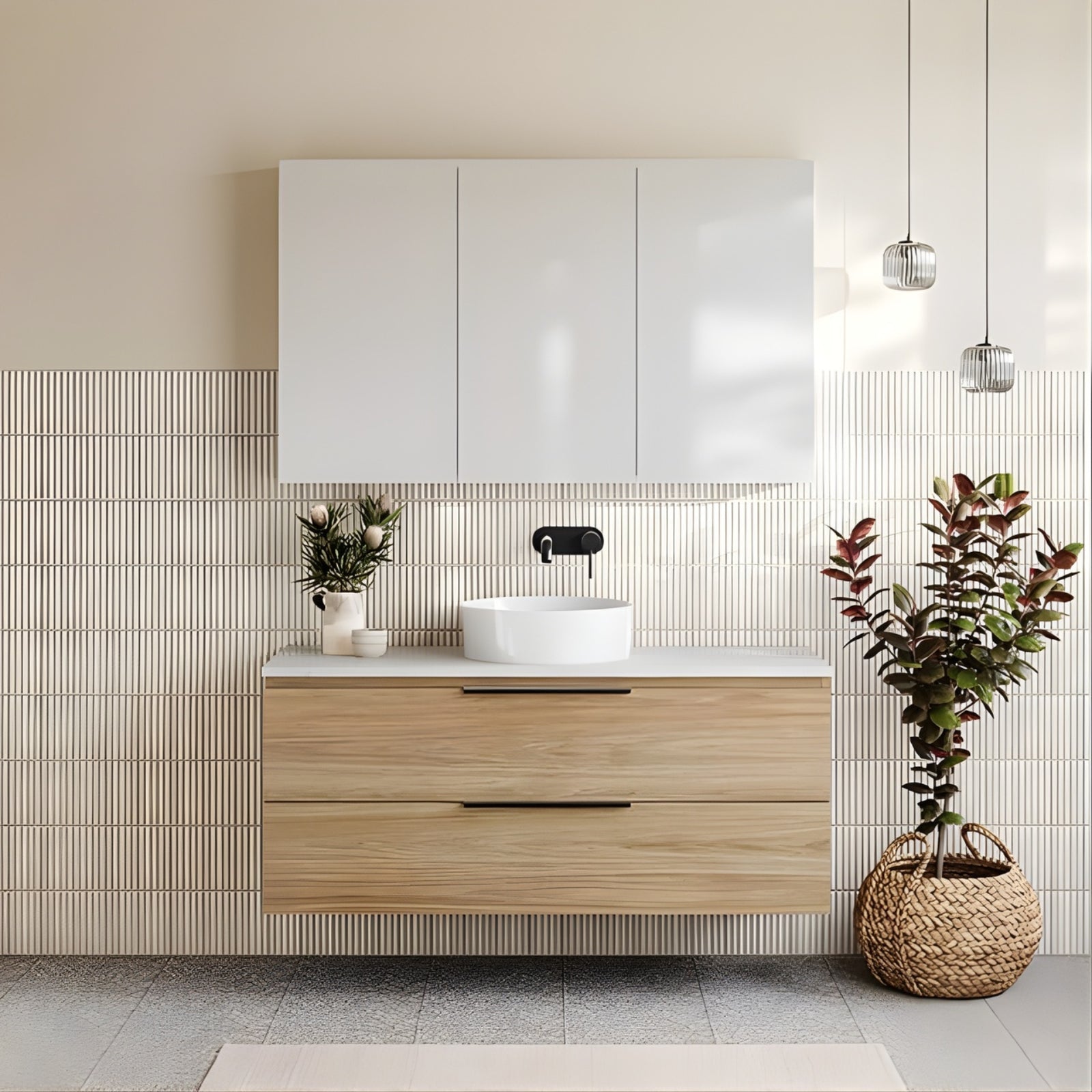 Timberline Tennessee shaving cabinet and vanity in light timber finish, shown in a modern bathroom setting