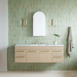 Timberline Church 600mm arched shaving cabinet in white, shown above a timber vanity in a bathroom setting