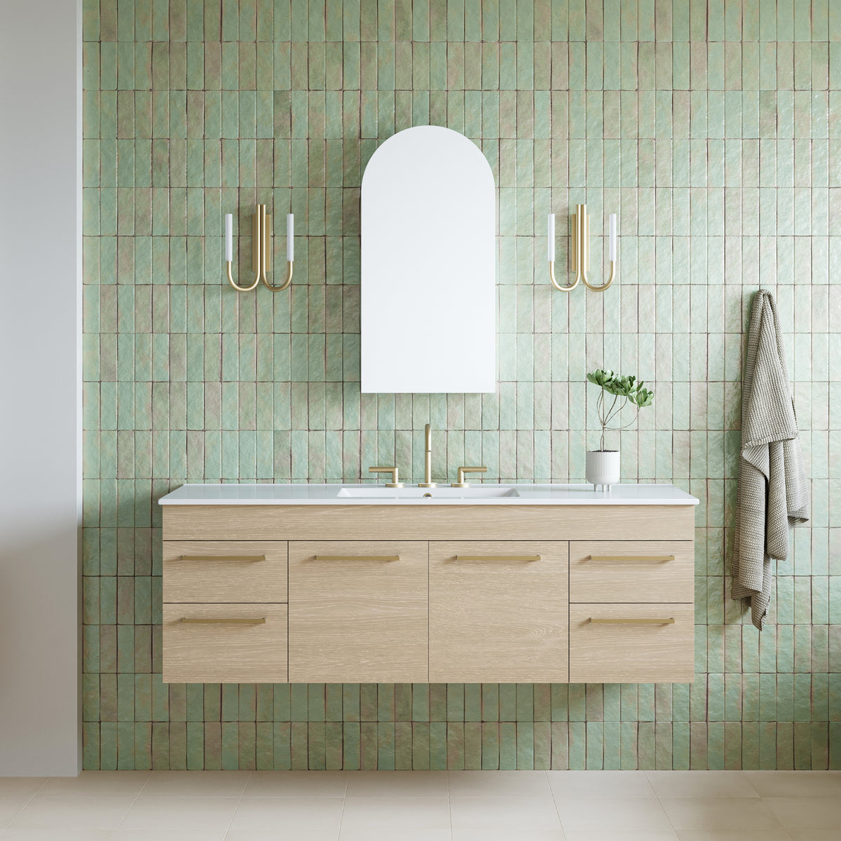 Timberline Church 600mm arched shaving cabinet in white, shown above a timber vanity in a bathroom setting