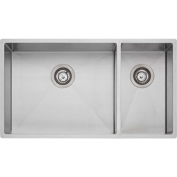 Oliveri Spectra 1½ bowl stainless steel kitchen sink, top view with large and small bowls and basket wastes