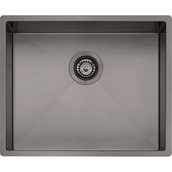 Oliveri Spectra single bowl gunmetal kitchen sink with centre waste, top view, stainless steel finish