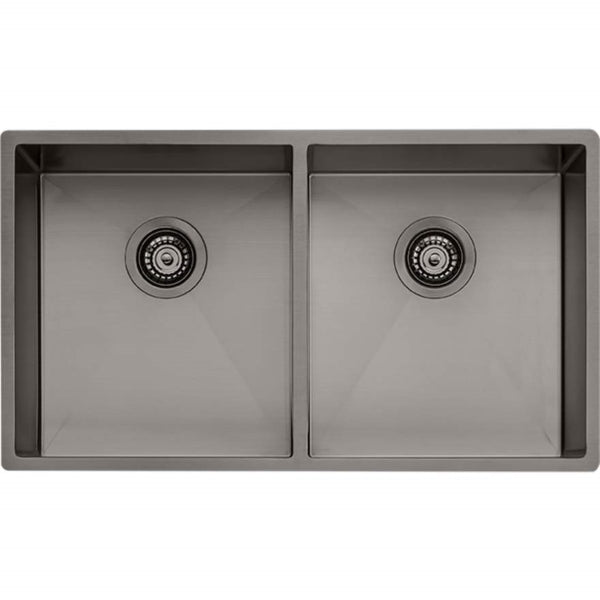 Oliveri Spectra double bowl kitchen sink in gunmetal stainless steel, top view with two bowls and basket wastes