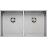 Oliveri Spectra double bowl stainless steel kitchen sink, top view, with two equal bowls and basket wastes