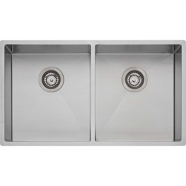 Oliveri Spectra double bowl stainless steel kitchen sink, top view, with two equal bowls and basket wastes