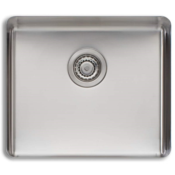 Oliveri Sonetto large single bowl undermount sink in brushed stainless steel, top view with centre waste outlet