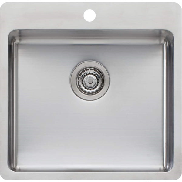 Oliveri Sonetto stainless steel topmount kitchen sink, single bowl with 1 tap hole, front view