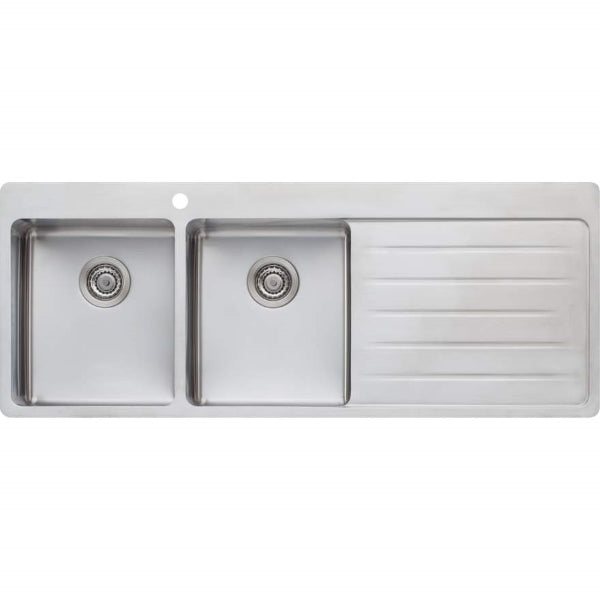 Oliveri Sonetto double bowl stainless steel topmount kitchen sink with right hand drainer and 1 tap hole