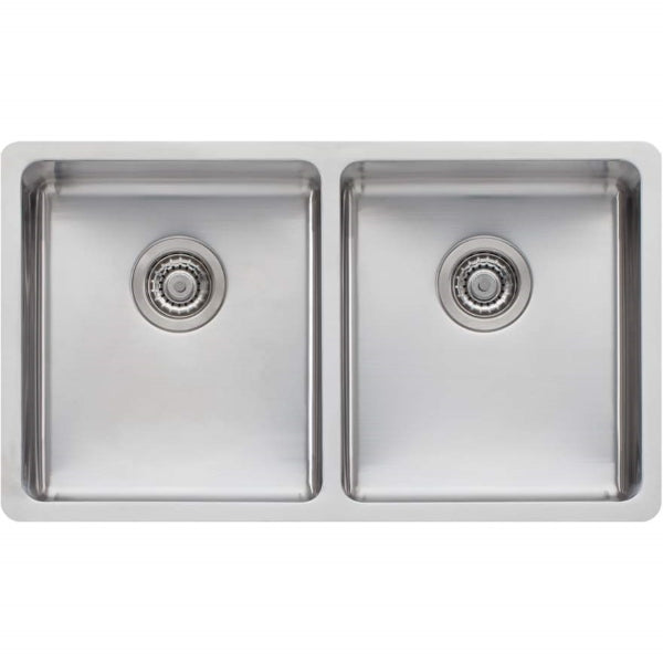 Oliveri Sonetto double bowl stainless steel kitchen sink, top view with two square bowls and basket wastes