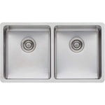 Oliveri Sonetto double bowl stainless steel kitchen sink, top view with two square bowls and basket wastes