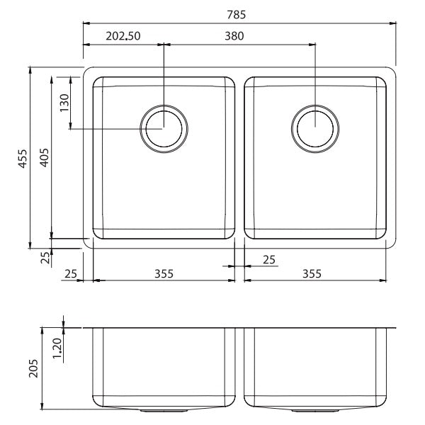 Technical drawing of Oliveri Sonetto double bowl stainless steel kitchen sink, showing top and side dimensions and bowl layout