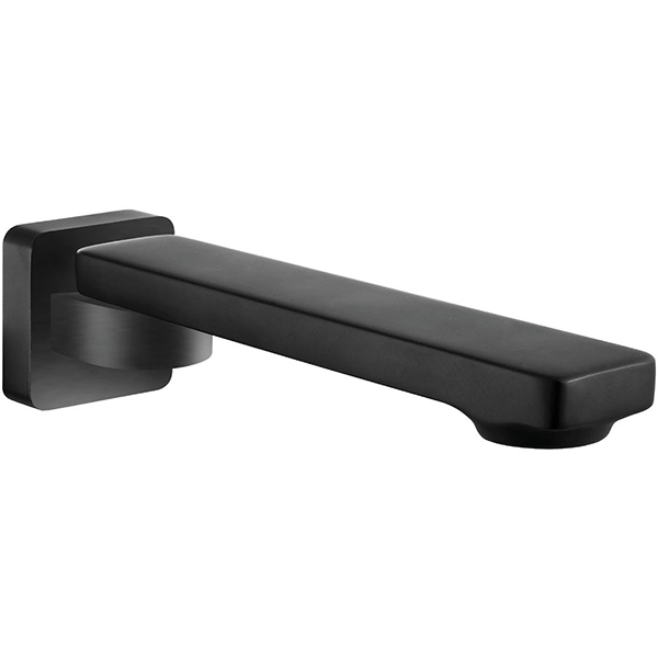 Fienza Koko wall-mounted swivel bath outlet, matte black, rectangular spout on square backplate
