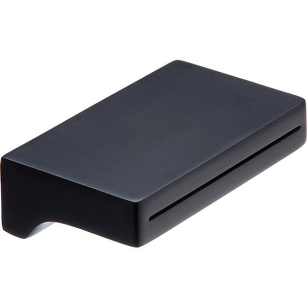 Fienza Forche matte black wall-mounted waterfall bath outlet, low-profile rectangular spout view