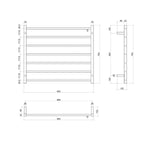 Thermogroup 7 bar heated towel ladder technical drawing, polished stainless steel, 900mm wide x 750mm high, side and front views with dimensions