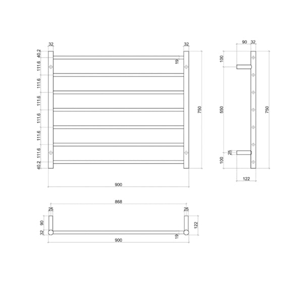 Thermogroup 7 bar heated towel ladder technical drawing, polished stainless steel, 900mm wide x 750mm high, side and front views with dimensions