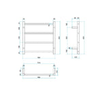Thermogroup 4-bar round heated towel rail technical drawing, 550mm brushed stainless steel, front and side views with dimensions
